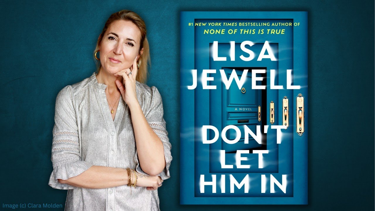 woman in pretty silver blouse with book cover showing three blue doors