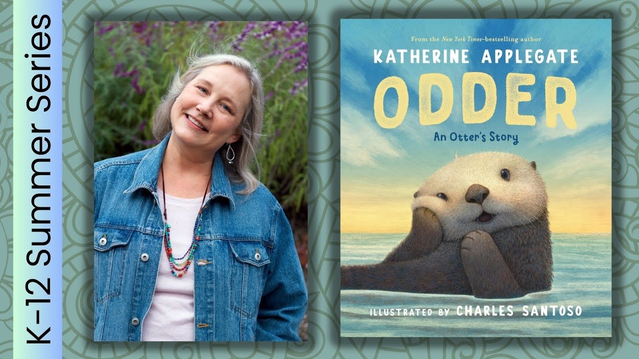 woman in denim jacket smiling beside book cover showing a happy otter