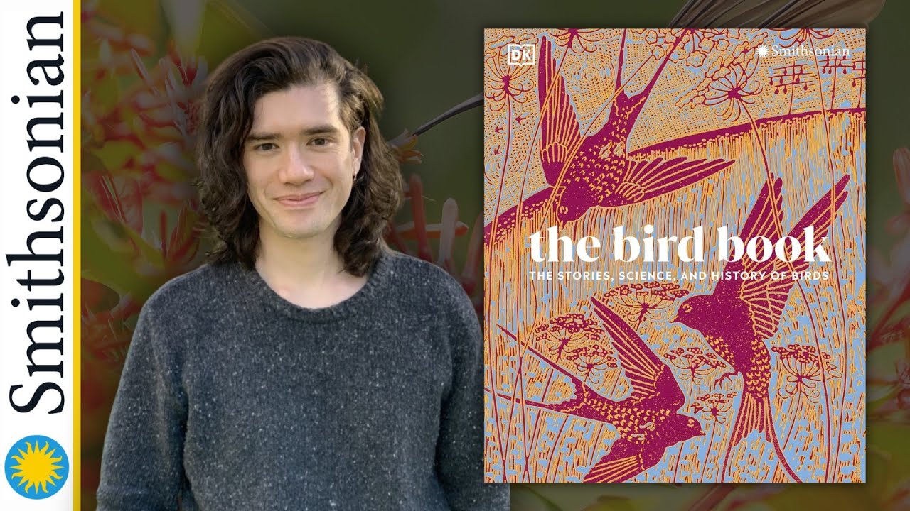 book with birds and author wearing grey sweater