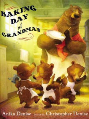 grandma bear baking with little bears in the kitchen