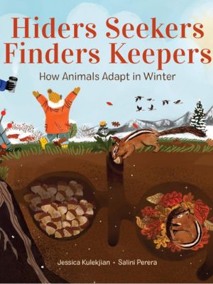 squirrel hidings a nut underground with children running around