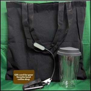 book bag, gift card, book light, and tumbler