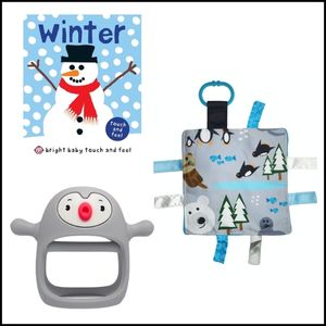 Tag toy, Winter Board Book, and a gray penguin teething toy