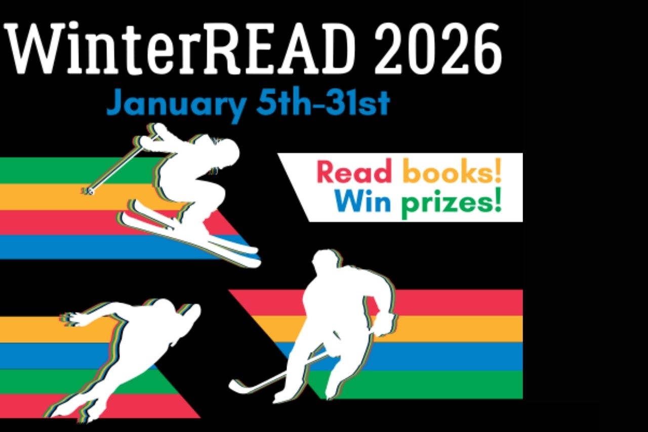 black background with red, blue, yellow, and green stripes with people doing winter sports in white outlines