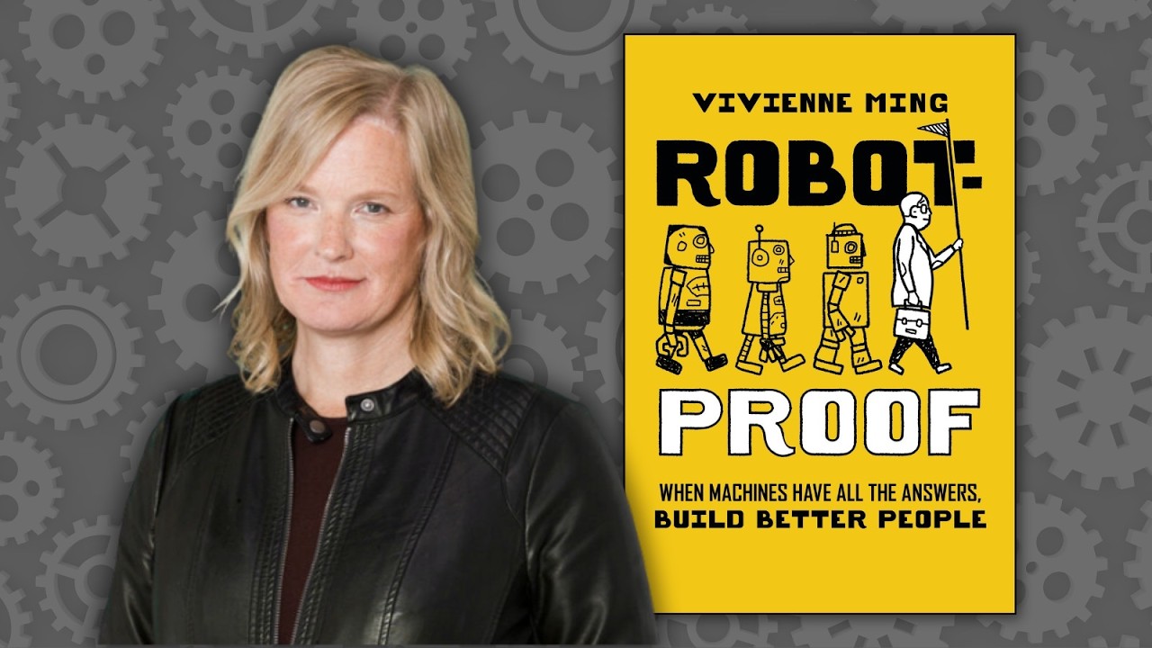 author inn black leather jacket beside yellow book cover with a robot on it