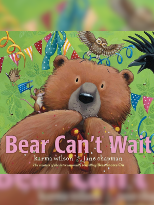 cartoon bear smiling with other animals behind him with pink text