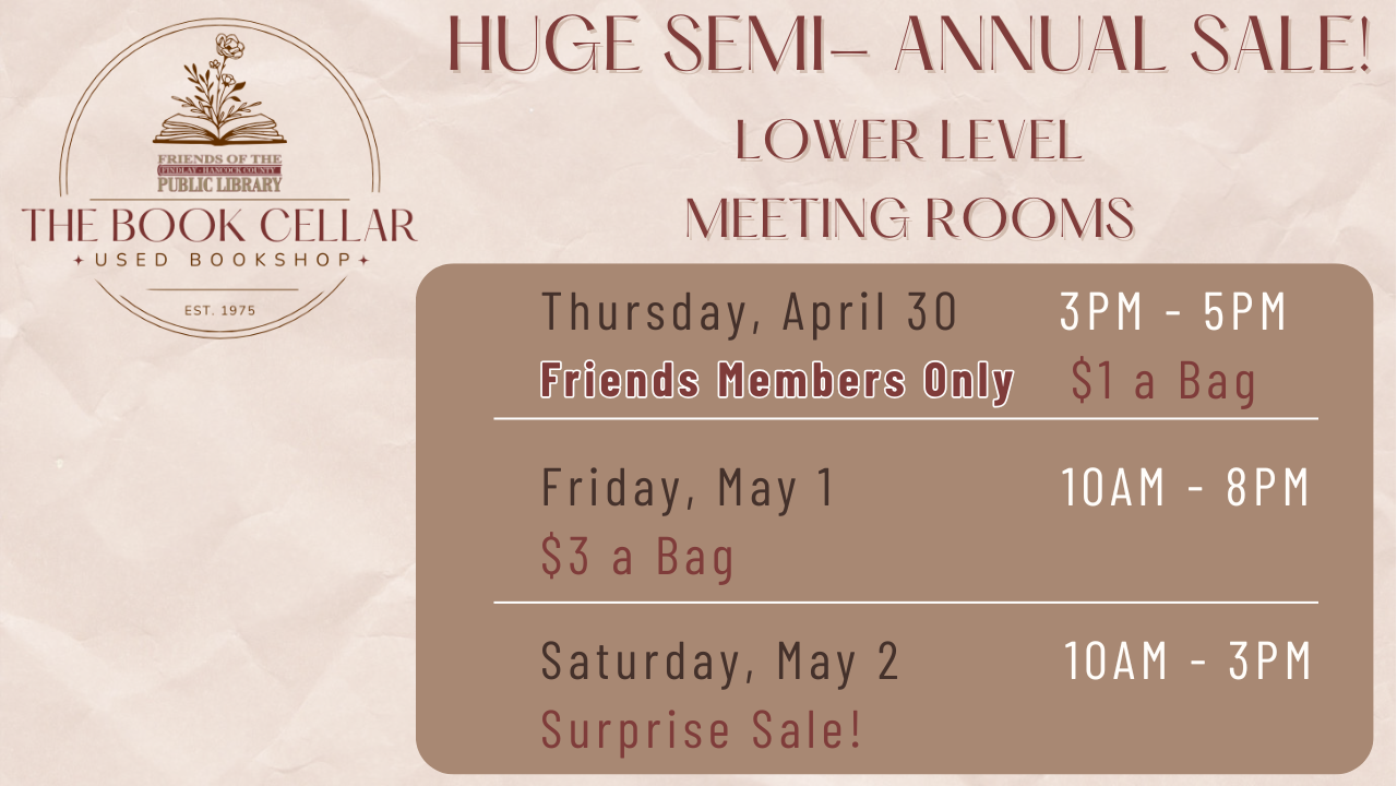 beige background with maroon lettering and a stack of books