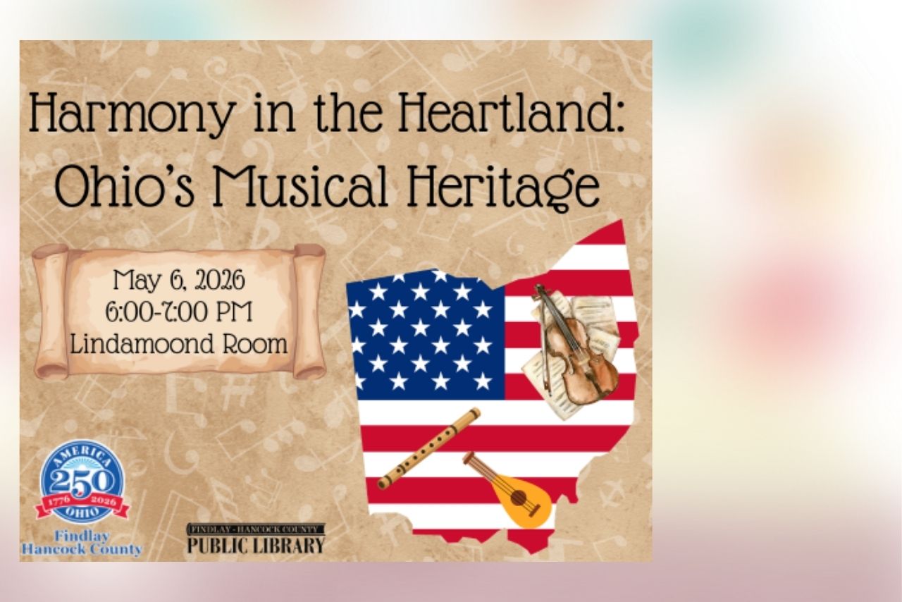 American flag in the shape of Ohio with instruments surrounding it 