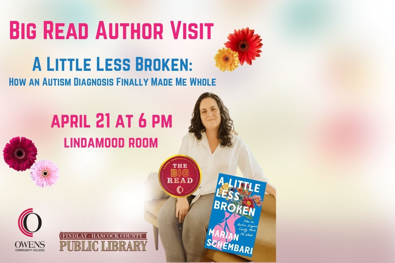 author sitting on bench with blue book cover and daisies all around soft background
