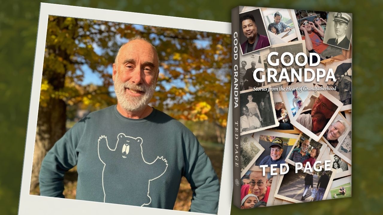 man with shirt with a bear on it with book cover showing many pictures of grandfathers smiling