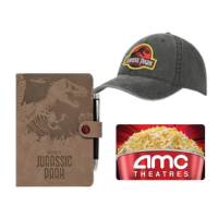Jurassic Park grey hat, brown notebook and AMC gift card