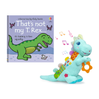 Book with purple cover and t Rex on cover and plush dinosaur toy
