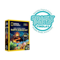 box with volcano on it and smarty pants in circle logo with blue bubble text 