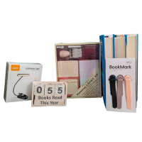 book light, book counter, bookmarks and books