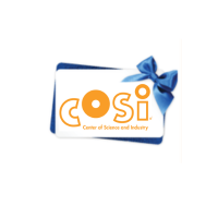 white gift card with orange text and blue bow
