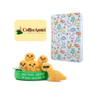 plush dino nuggies, gift card, and notebook