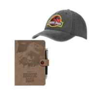 grey hat with Jurassic Park logo and brown suede notebook 