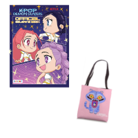 coloring book with three anime girls on it and pink tote bag with purple cat