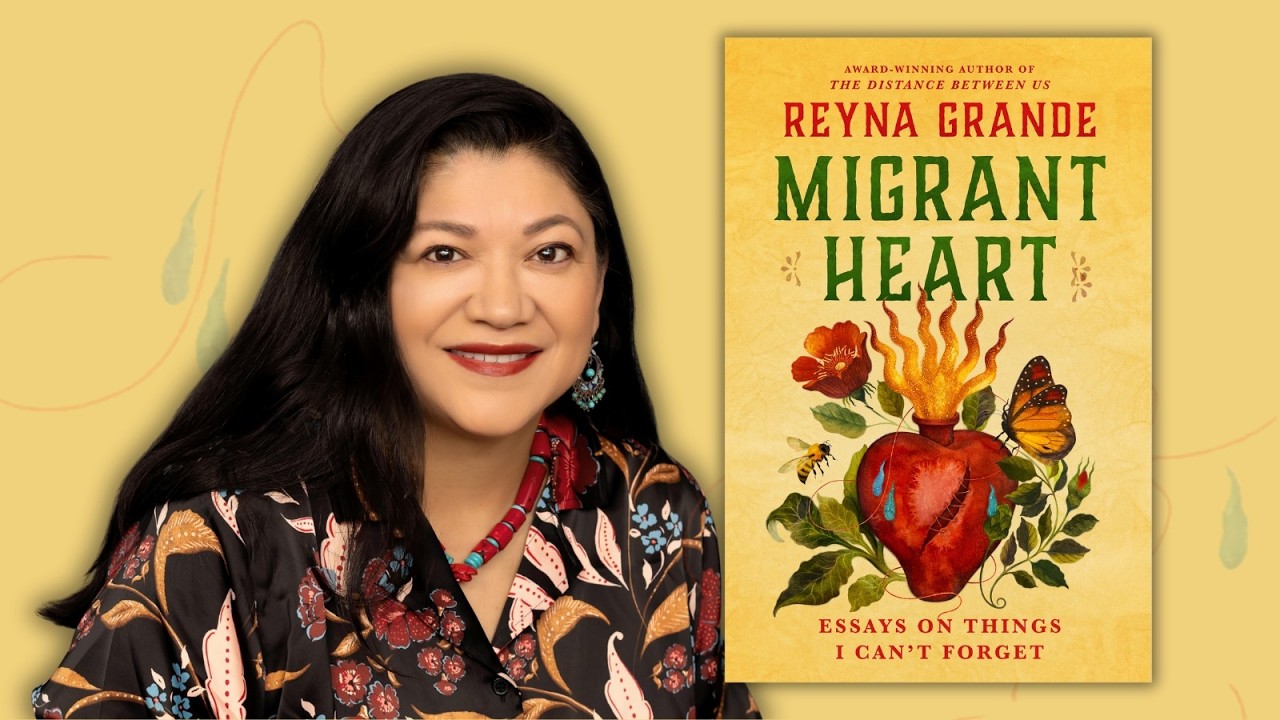 yellow background author with long black hair wearing floral blouse beside book with watercolor heart on fire on cover 