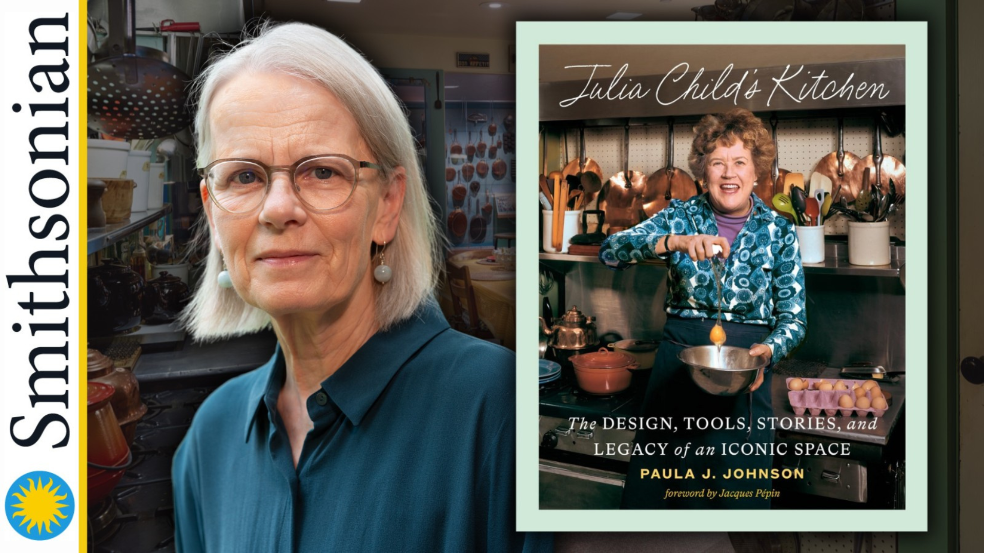 author with grey hair and a teal button down shirt and silver glasses beside a book with Julia Child cooking on it