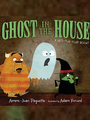 black background with cute monster, ghost and witch running through a house