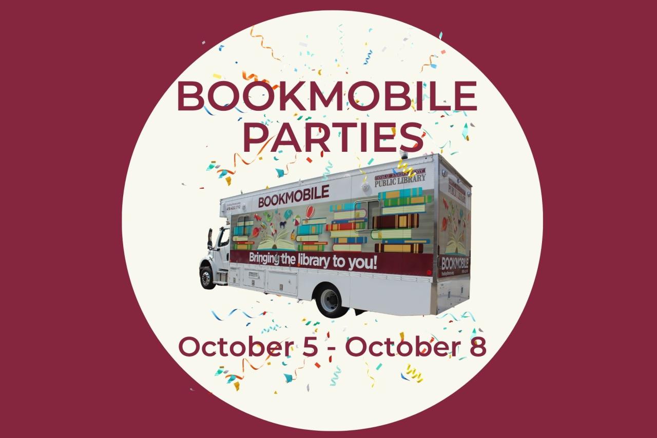 white circle inside maroon sqaure and bookmobile in the middle of the white circle