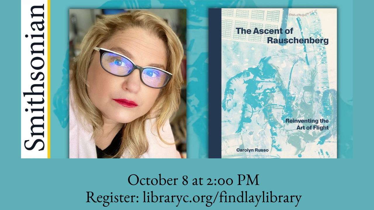 blonde femail author with large black glasses beside book cover showing blue ink drawing