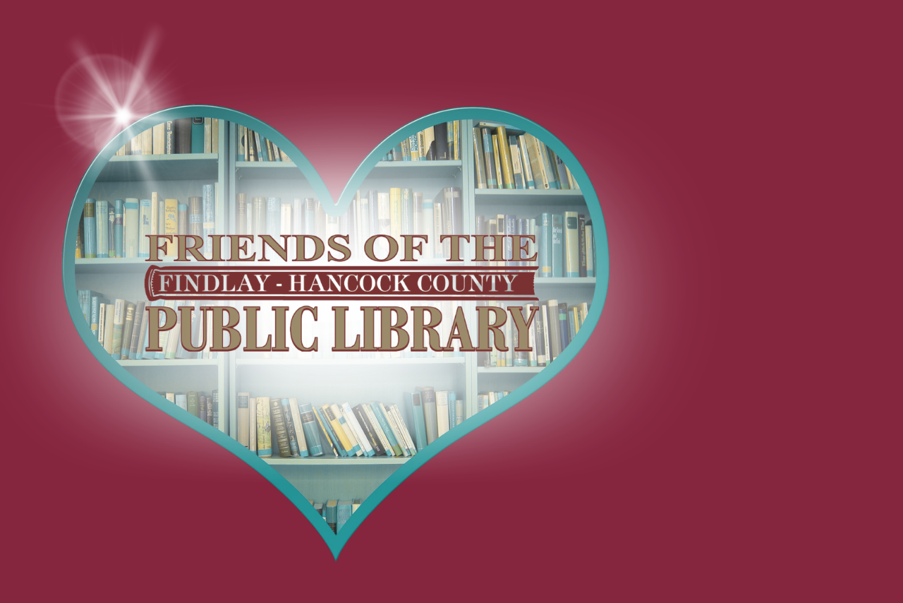 burgundy background with heart bookshelf and Friends of the Library logo in the center with a white glow and sunbeam on top 