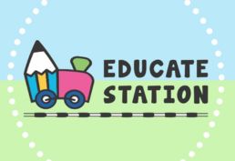 green and blue background with train in pink and blue