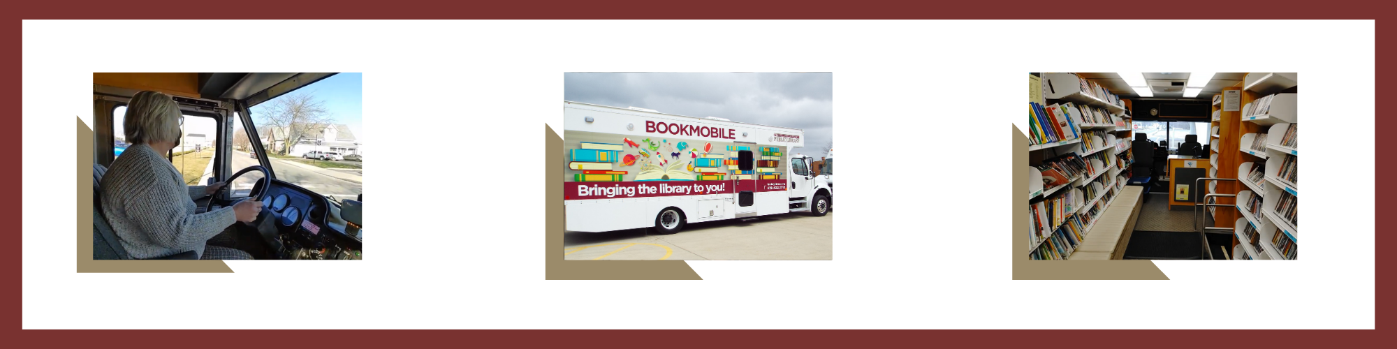 photos of bookmobile and inside of bookmobile with books and videos on shelves