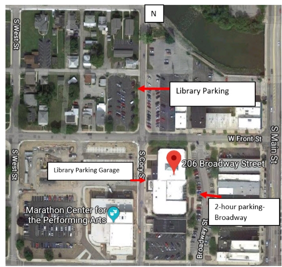 map of downtown Findlay, Ohio of the library showing available parking areas