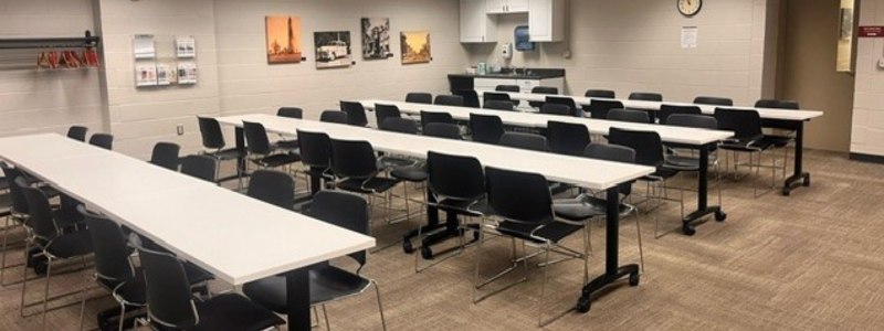 Lindamood Room with tables and chairs set up