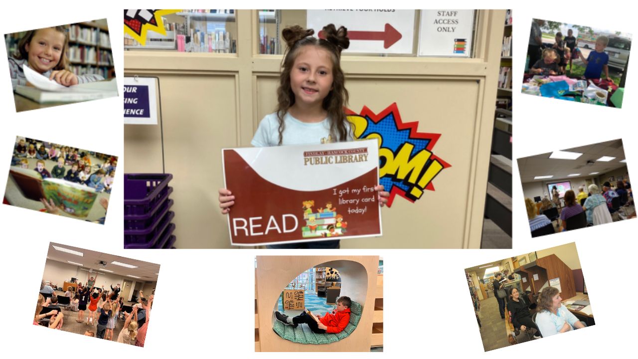 photo collage of people having fun at the library