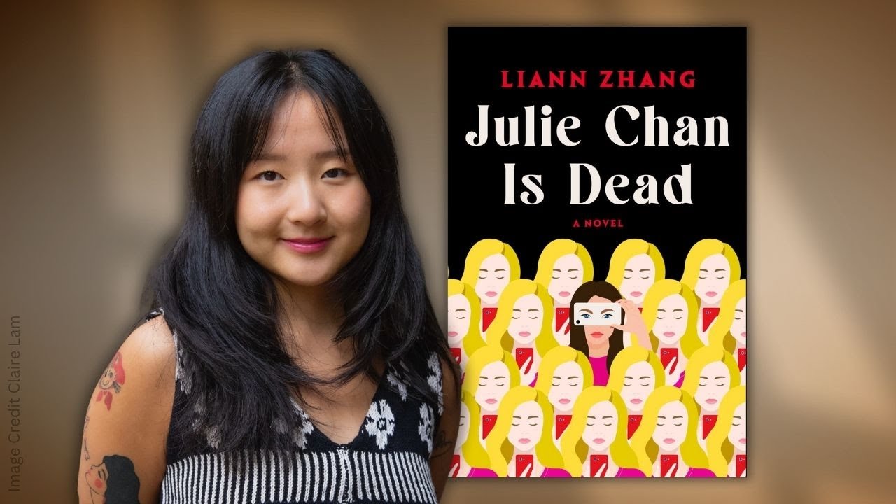 author beside book cover showing blonde women and one dark haried giril with a phone