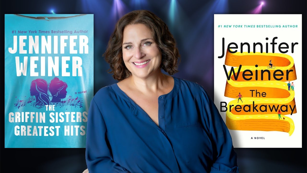 Author with blue silk blouse and two book covers one blue and one white
