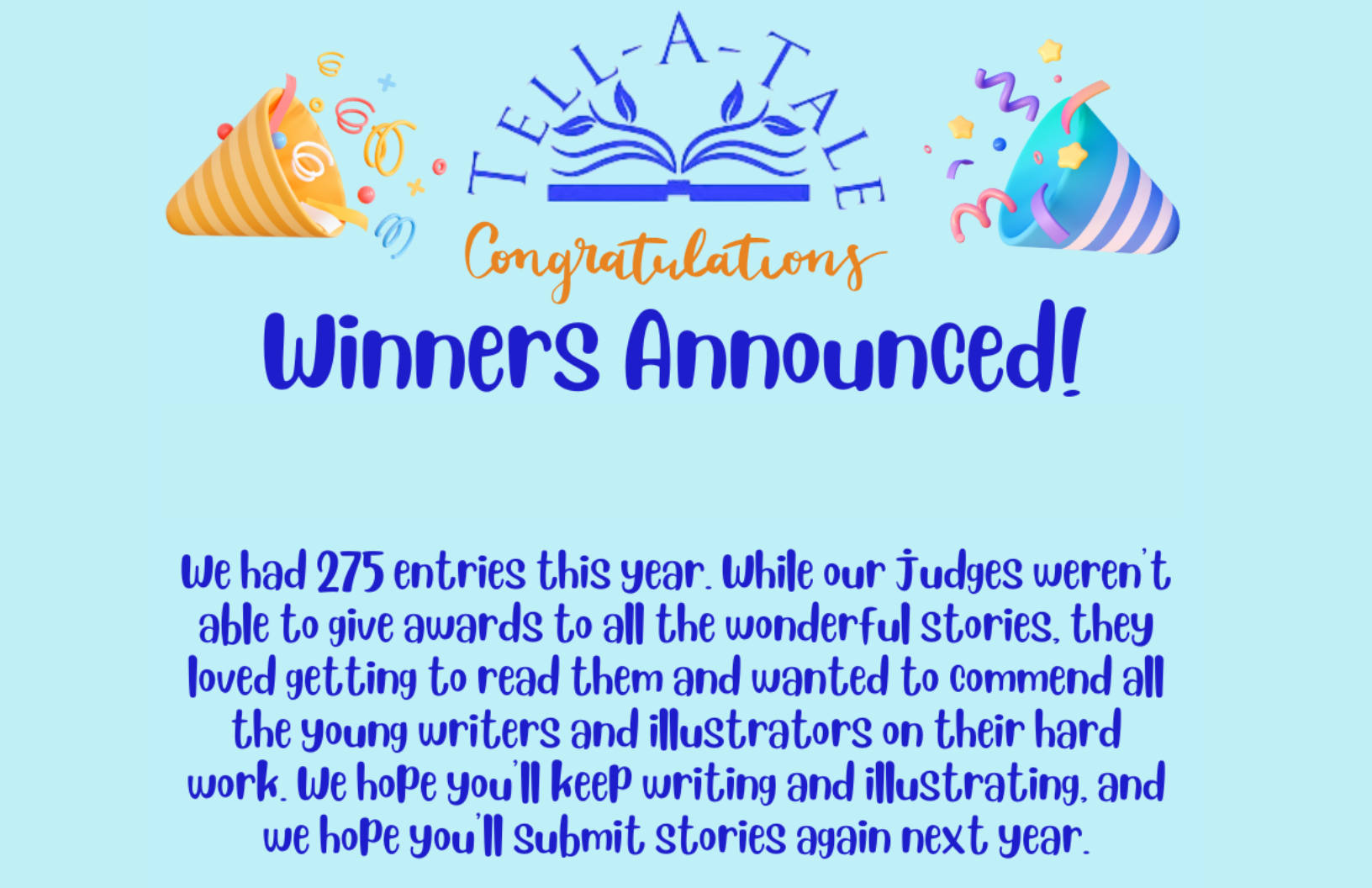 blue background with darker blue text and confetti